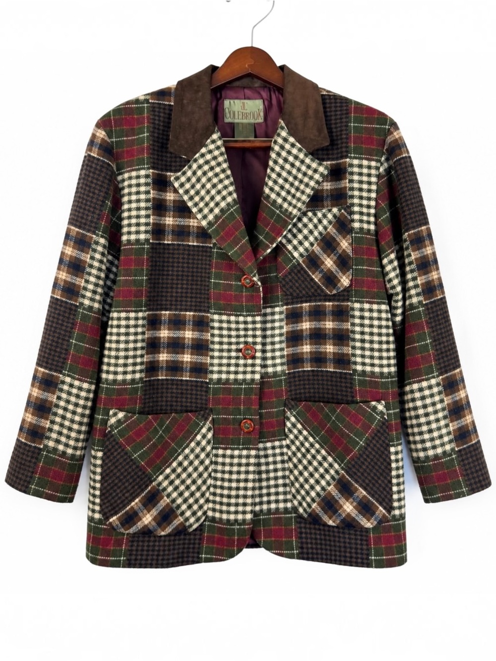 Vintage 90s J.L. Colebrook Patchwork Plaid Wool Blazer M Equestrian